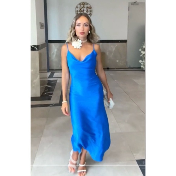 Zara Satin Effect Cowl Neck Midi Dress  Blue NWT Size Large - Picture 2 of 15